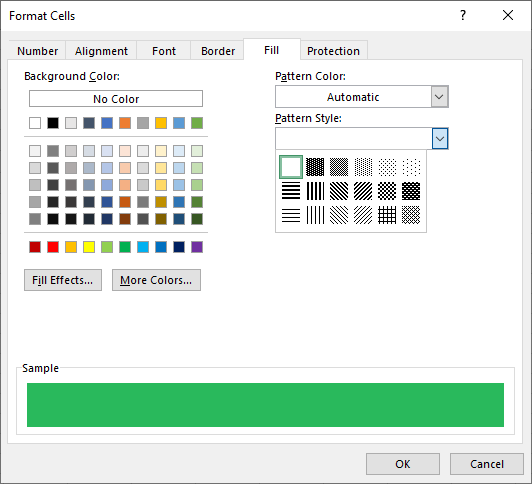 Menu Format Cells tab Fill di Excel
