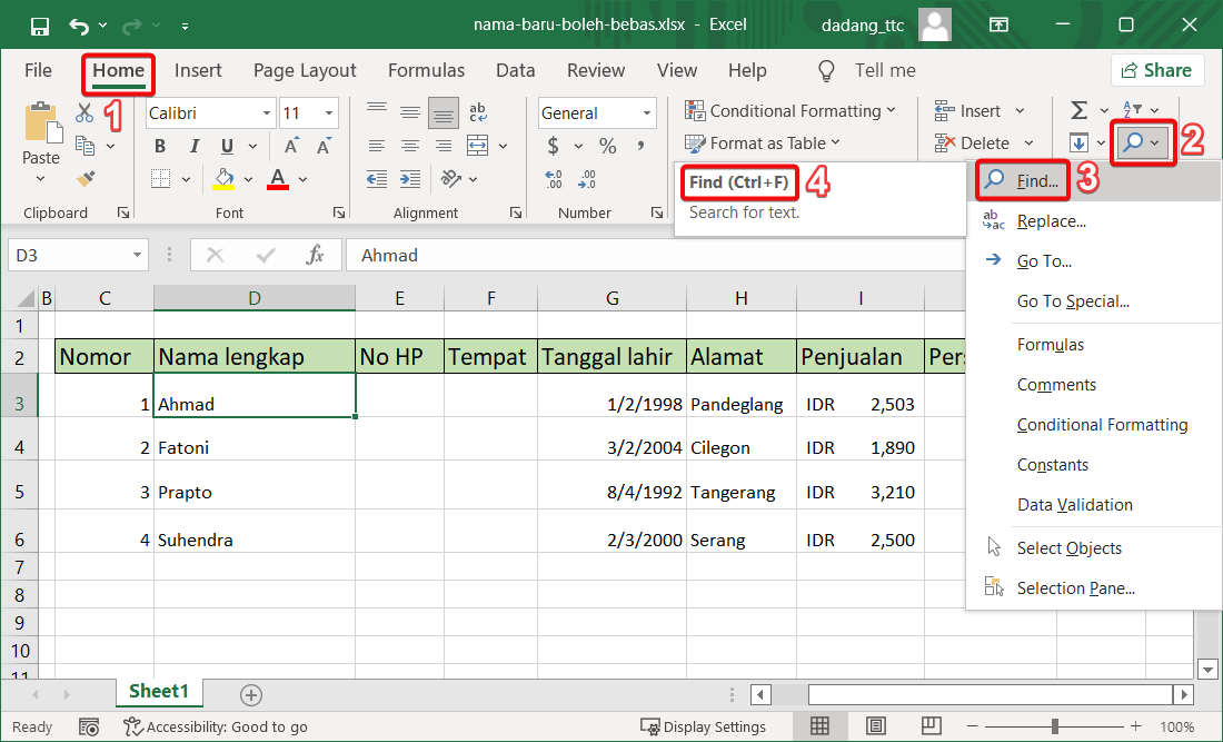 Fitur Find di Excel
