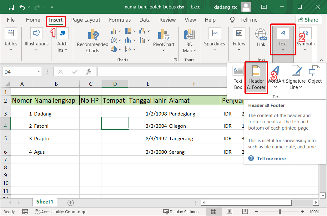 Insert Header di Excel