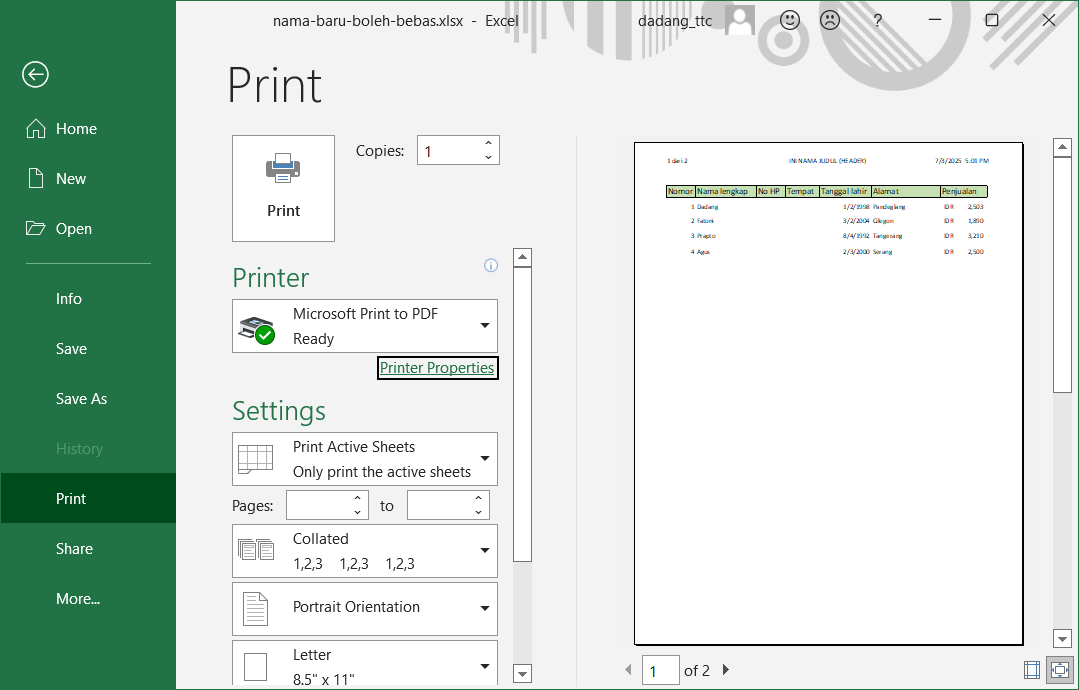 Preview cetak dengan header Excel