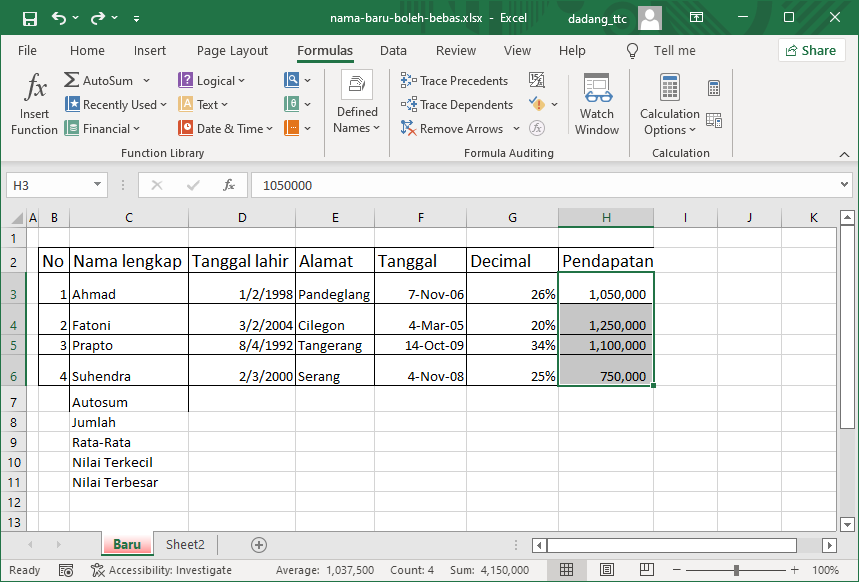 Blok data yang ingin dijumlahkan