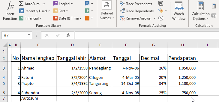 Fungsi SUM muncul otomatis