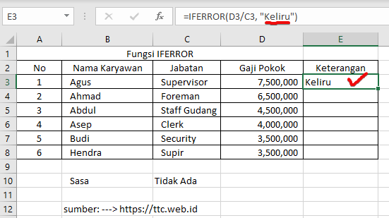 Hasil Fungsi IFERROR Excel #VALUE