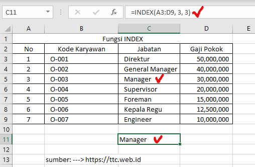 Haisl Fungsi INDEX Excel