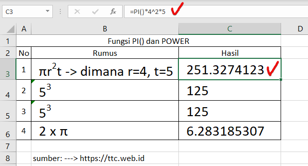 Contoh Fungsi PI & POWER Excel