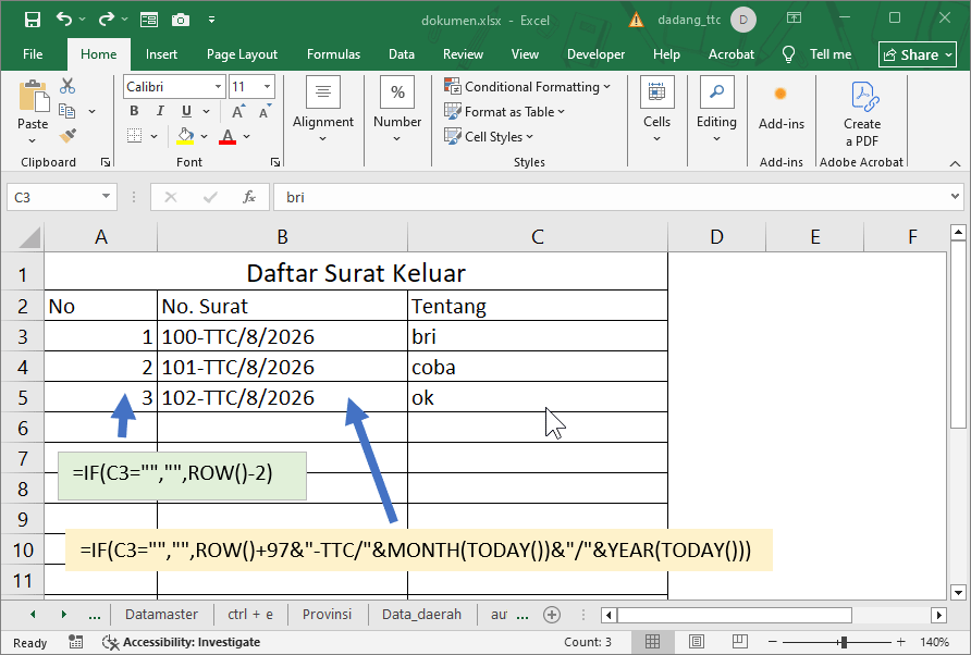 Hasil fungsi ROW Excel untuk membuat nomor urut dan nomor surat otomatis