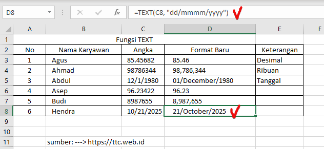Hasil Fungsi TEXT Excel