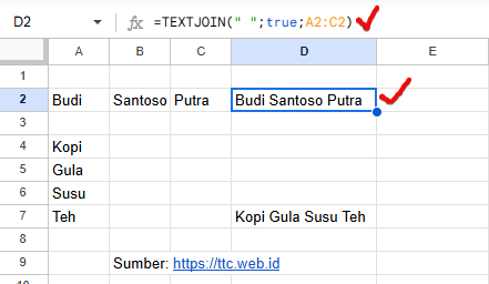 Hasil fungsi TEXTJOIN di Excel