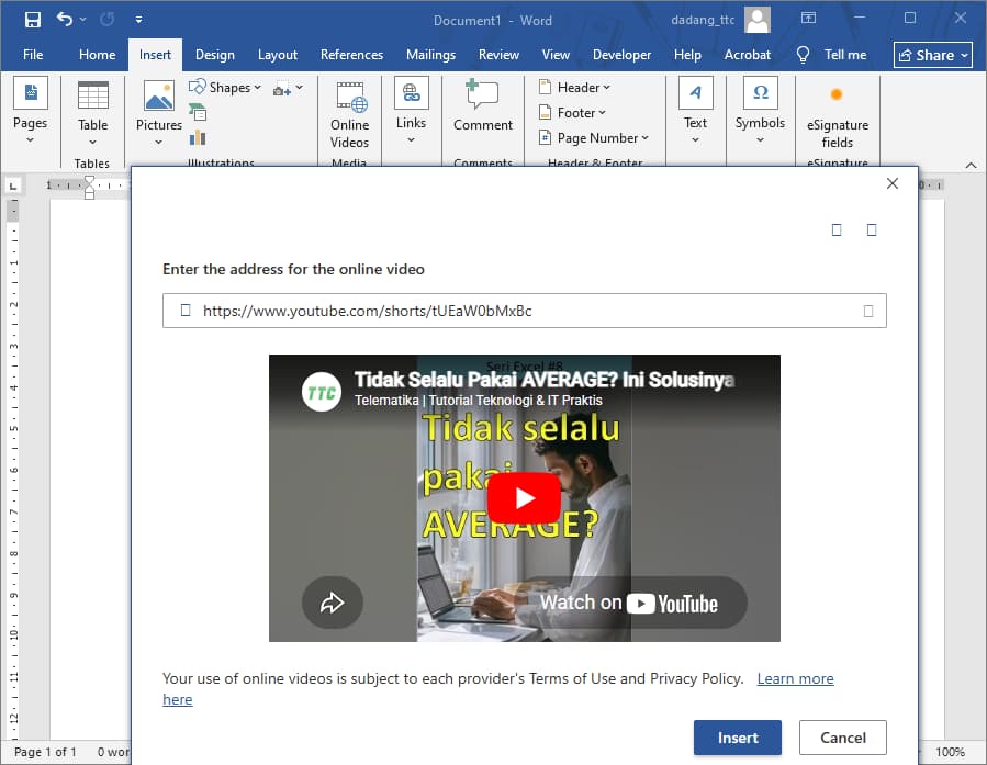Online video in Word