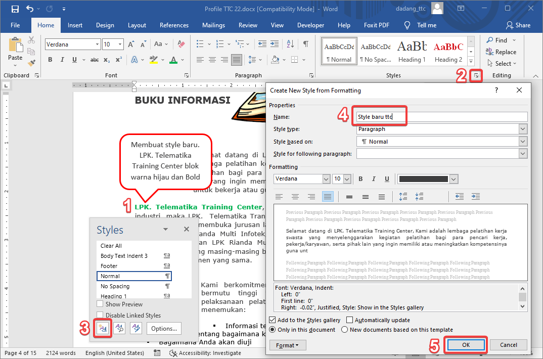 Tampilan Word saat menyimpan style kustom melalui Save Selection as a New Quick Style