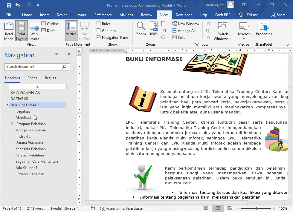 Memindahkan bagian dokumen menggunakan Navigation Pane di Word