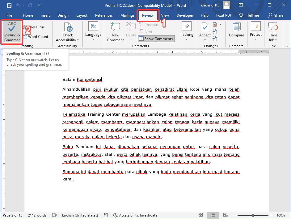 Tombol Spelling & Grammar Word