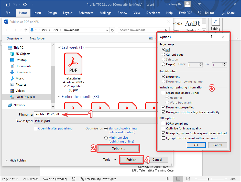 Dialog Export PDF/XPS