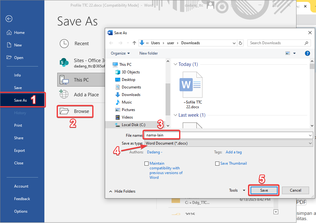 Menu Save As di Word