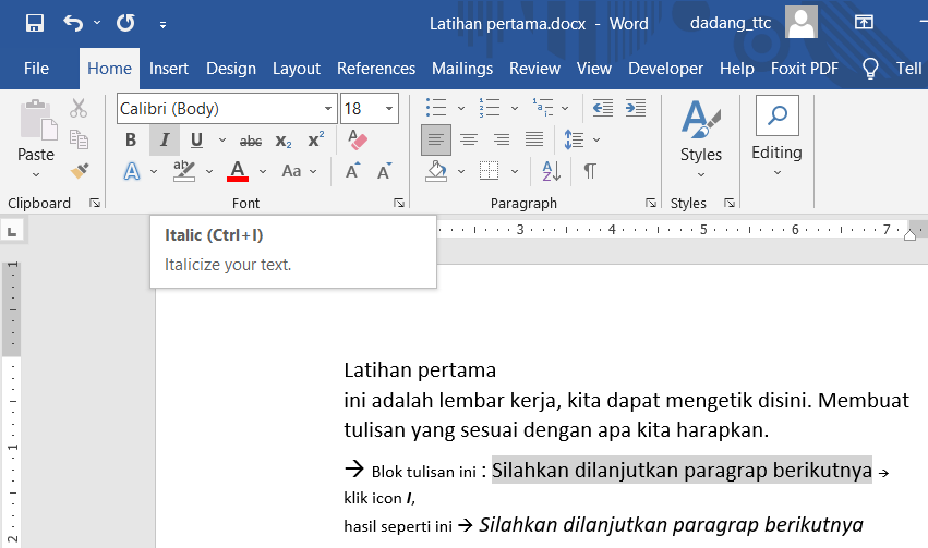 Tombol Italic di Word