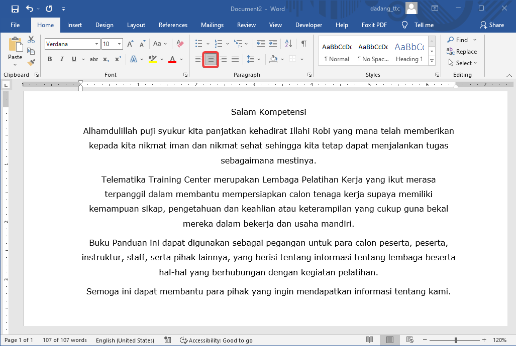 Align Center di Word