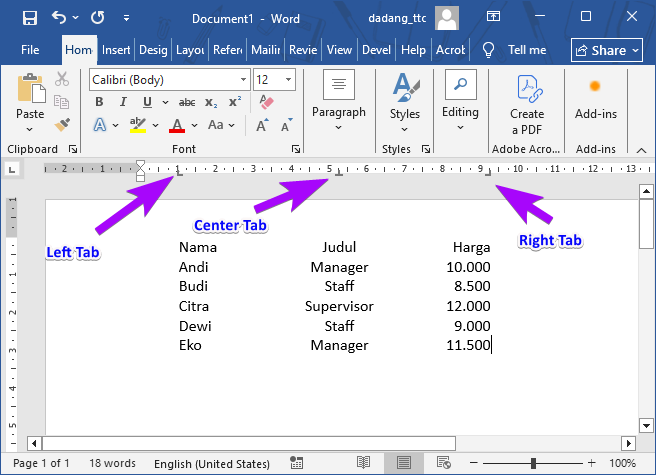 Contoh penggunaan Left, Center, Right Tab di Word