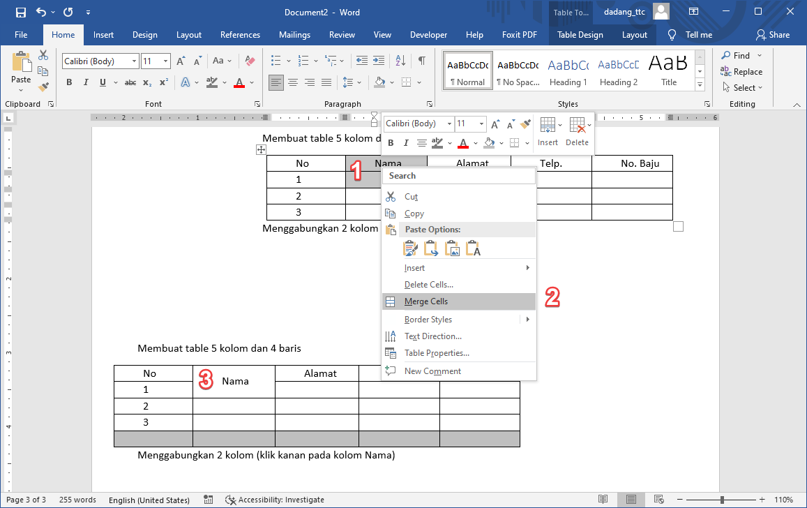 Merge Cells di Word