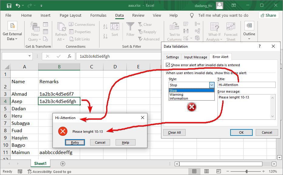 Tab error alert Excel
