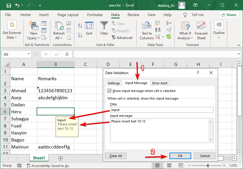 Input message validasi Excel