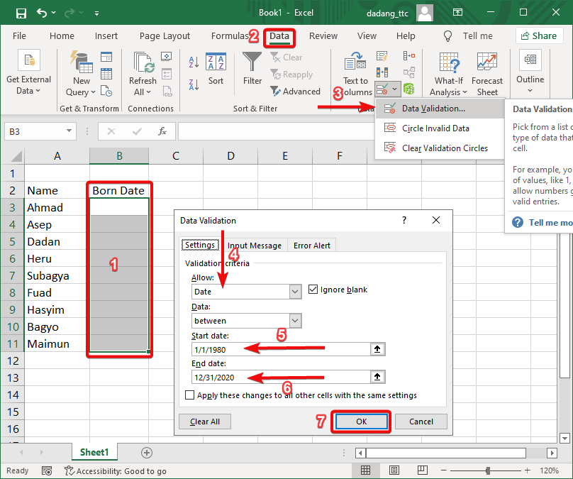 Validasi tanggal Excel
