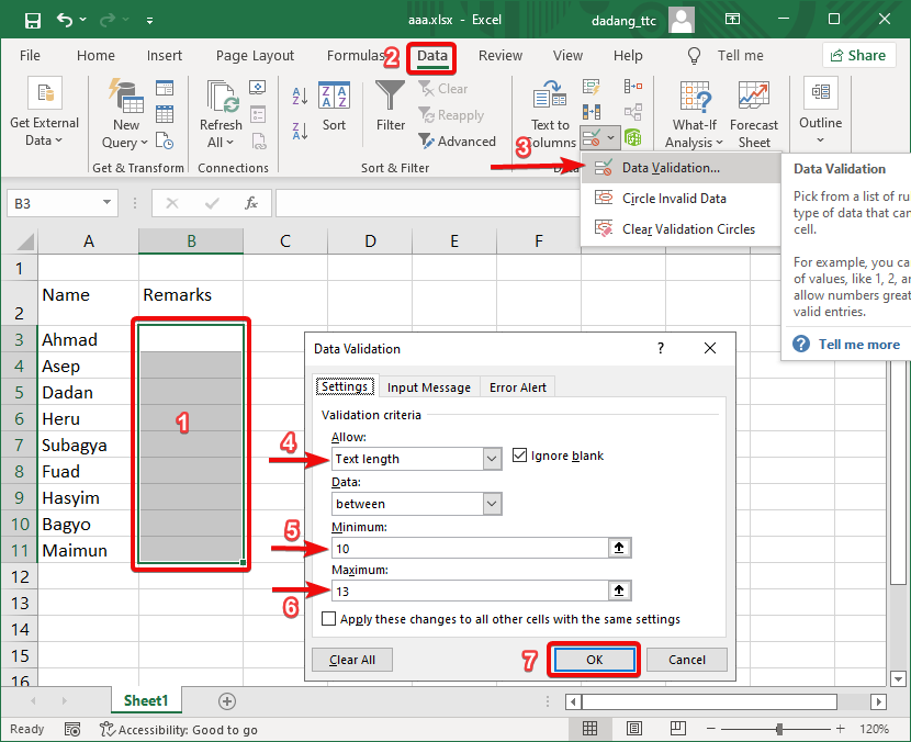 Validasi panjang teks Excel