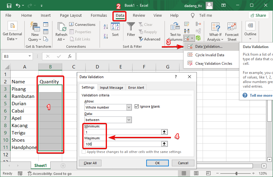 Validasi angka bulat Excel