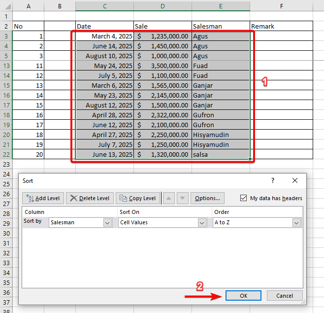 Data sorted di Excel untuk Group