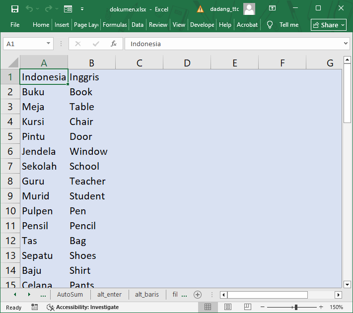 Data kamus Excel