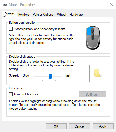 Mouse settings on Windows showing pointer speed, primary button, and pointer icons