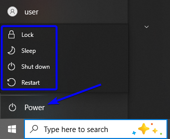 Windows Start menu showing Shutdown, Restart, Sleep, and Lock options for kids